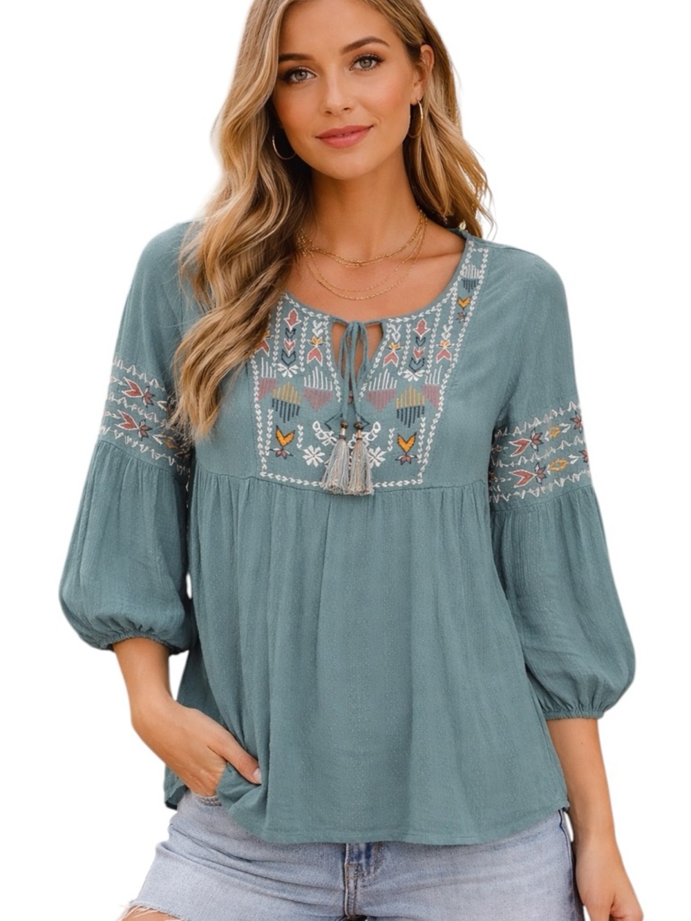Knox Rose Boho Peasant Embroidered Blouse Teal Tribal Tassel Top Size XS